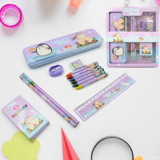 School Supplies Stationery Kit with 1 Pencil Box Case 2 Pencils 6 Crayon Colors 1 Ruler Scale 1 Eraser 1 Sharpener Stationary Kit for Girls Pencil Pen Book Eraser Sharpener Crayons - Stationary Kit Set for Kids Birthday Gift (12 Pc Set)       4297